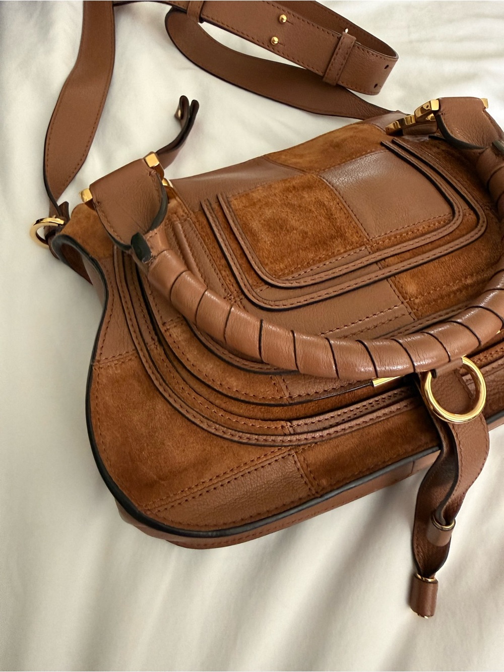 The Chloé Marcie Leather & Suede Patchwork Satchel in Dusty Tan NWT - Picture 7 of 17